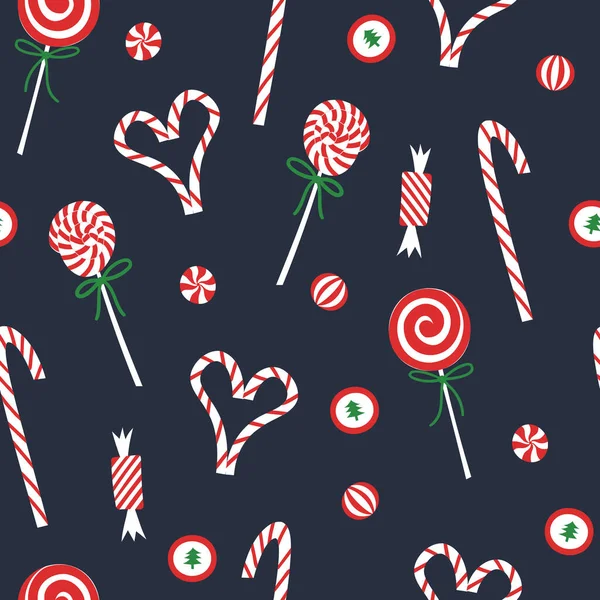 Christmas candy seamless pattern. Flat red and white sweet cane, lollipop, bonbons on blue background. — Stock Vector