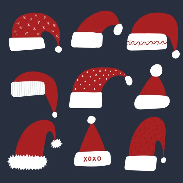 クリスマスのサンタの帽子セット。かわいいフラット漫画イラストのクリスマスキャップ. — ストックベクタ