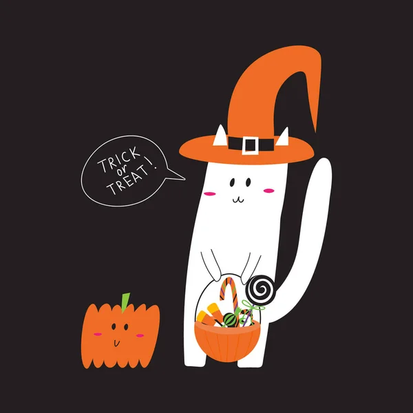 Halloween kat met heksenhoed. Truc of traktatie wenskaart met schattige witte kat, snoepemmer en pompoen. — Stockvector