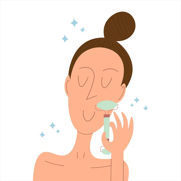 瓜沙面部按摩用面辊按摩.做guasha针灸治疗的妇女. — 图库矢量图片