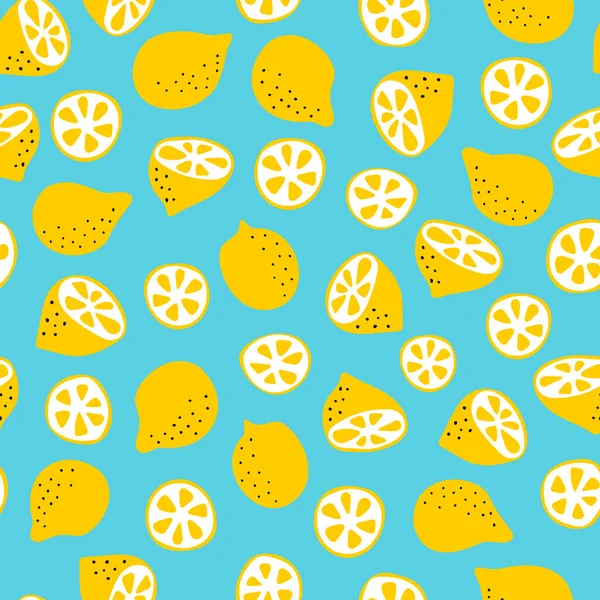 Zitronennahtloses Muster. Ganze Zitronen, Hälften, Scheiben und Blätter isoliert auf weißem Hintergrund. — Stockvektor