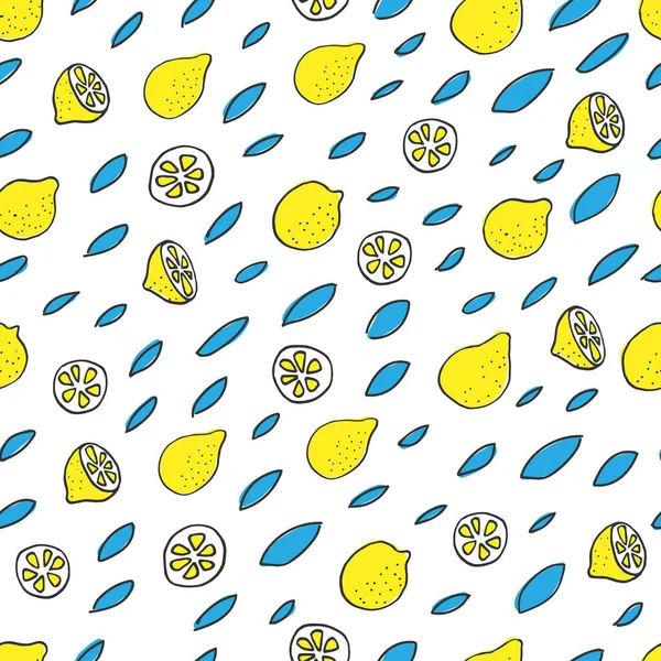 レモンのシームレスなパターン。レモン、半分、スライス、葉全体が白い背景に隔離されています。. — ストックベクタ