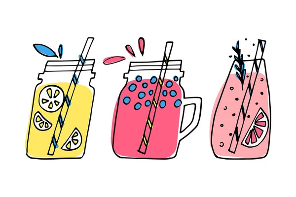 Ovocné nápoje náčrtek ilustrace. Sada džusů a limonádových sklenic ve stylu doodle. — Stockový vektor