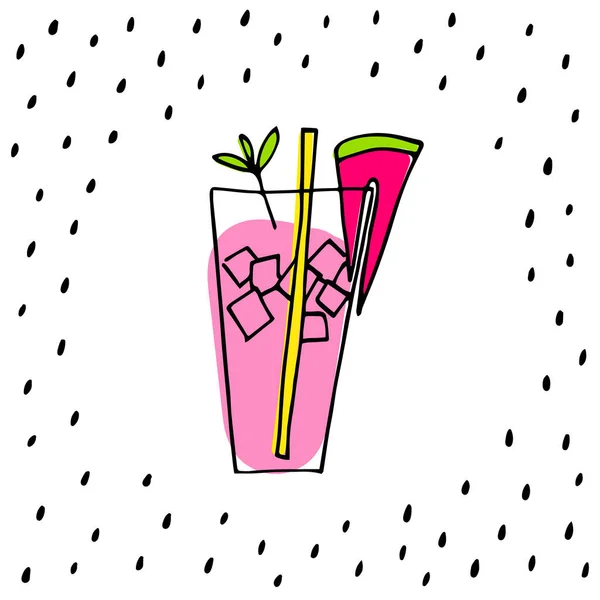Karta s melounem. Melounová šťáva, máta a ledový koktejl ve sklenici se slámou. Studené letní limonádové klima. — Stockový vektor