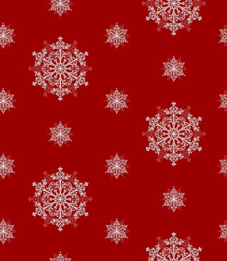 Kar kusursuz desen. Kırmızı zemin üzerinde beyaz tekrarlanan kar taneleri. Kaleydoskop Noel süsü. Ambalaj kağıdı, tekstil, kumaş ve arkaplan için vektör tatil illüstrasyonu