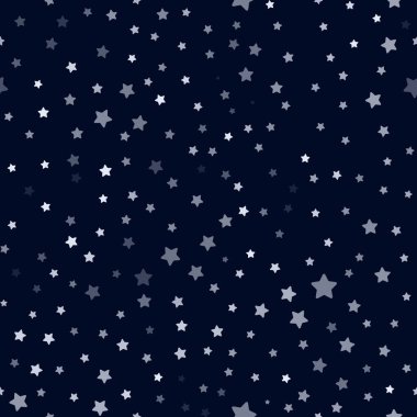 Gece gökyüzünün kusursuz deseni. Koyu mavi arka planda tekrarlanan ışık yıldızları. Geometrik kıvılcımlar süs eşyası. Vektör dokusu çizimi. Ambalaj kağıdı, kumaş, tekstil, fon, duvar kağıdı ve...