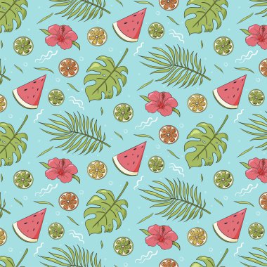 Yaz atmosferi malzemelerinin kusursuz deseni. Tekrarlanan tropik yapraklar, karpuz ve turunçgiller. Ambalaj kağıdı, duvar kağıdı, tekstil ve kumaş için vektör renkli el çizimi 