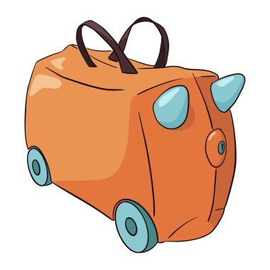 El çizimi portakal ve mavi çocuk çantası. Beyaz arka planda renkli çocuk bavulu çizimi izole edilmiş vektör çizimi. Düz biçim