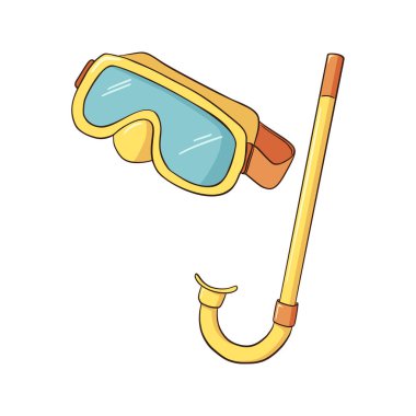 Sarı El ve Turuncu Yüzme Maskesi. Beyaz arka planda izole edilmiş renkli şnorkel gözlükleri çiziyorum. Dalış özelliği, düz biçim