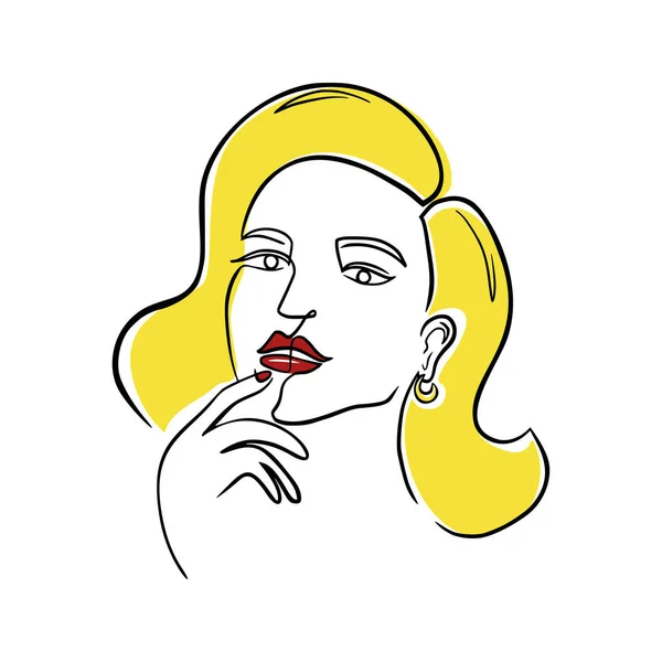 Bir sıra Sarışın Kadın. Logo, amblem şablonu için minimum çizgi şeklinde güzel kadın portresi çizmeye devam ediyor. Bir satır sanat eseri. Modern moda doğrusal kadın yüz profili. Sarışın kız yüzü — Stok Vektör