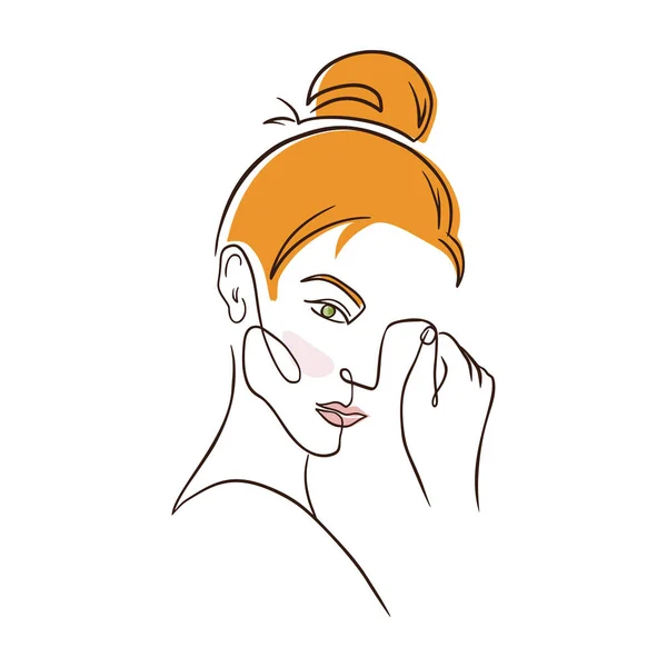 One Line Red Hair Woman. Continuous line drawing woman portrait for logo, emblem template. One line art. Red hair girl face flat vector illustration isolated on white background — Archivo Imágenes Vectoriales