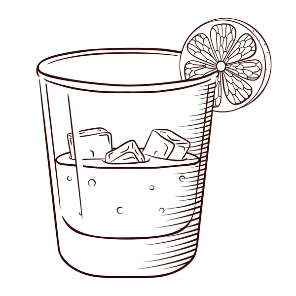 Handritad whisky eller läsk med is och citronskiva Isolerad svart och vit vintage gravyr. Vektor illustration för bar meny, logotyp, tryck. Ett glas whisky och cola med is — Stock vektor
