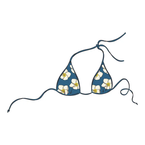 Ręcznie narysowane niebieskie bikini Top ze wzorem kwiatu plumerii. Linia rysunek kolorowe stroje kąpielowe izolowane wektor ilustracja — Wektor stockowy
