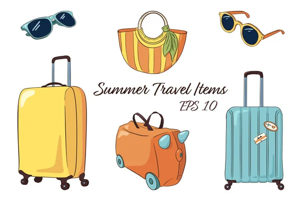 Coleção de itens isolados de bagagem de viagem desenhada à mão. Malas amarelas e azuis, mala de criança, bolsa listrada mulher, óculos de sol — Vetor de Stock