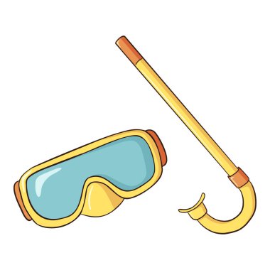 Çizgi Yüzme Maskesi. El çizimi sarı ve turuncu şnorkel gözlükleri izole edilmiş vektör çizimleri. Dalış özelliği, düz biçim