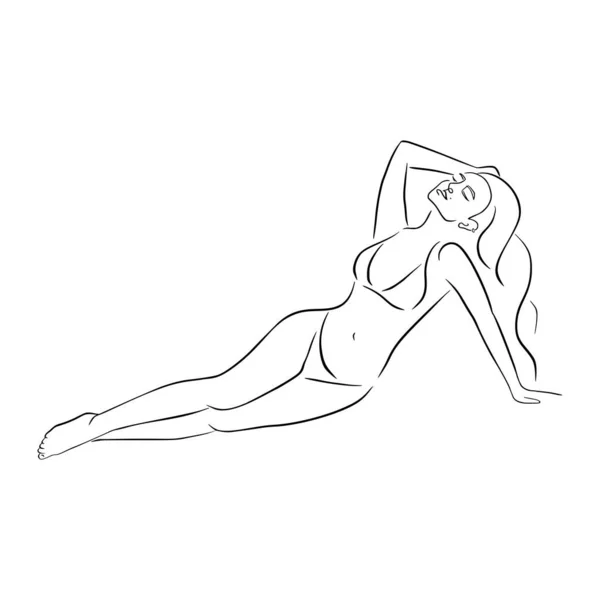 Line Art Uma Mulher Mentirosa Biquíni Desenho Contorno Relaxante Bela —  Vetores de Stock