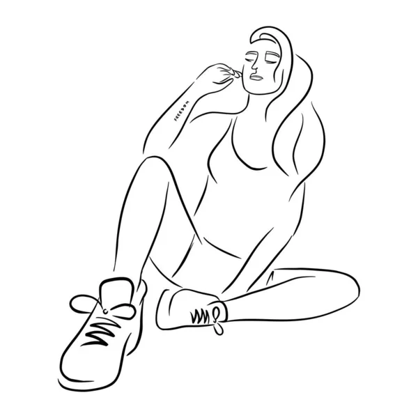 Minimalistic Black Lines Drawing Sitting Woman Sneakers Modern Scandinavian Design — Stock Vector