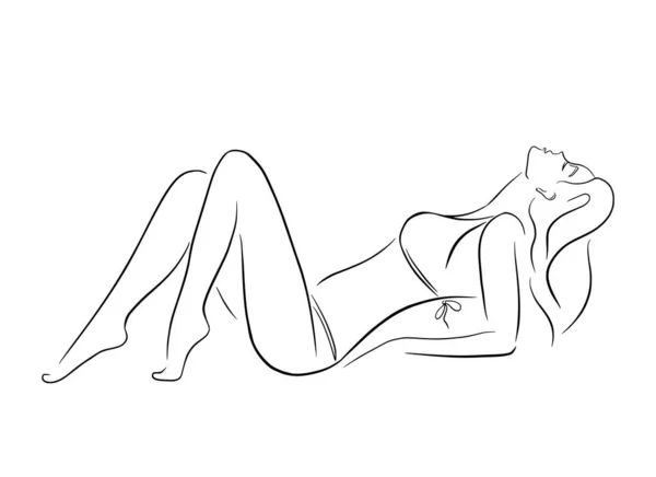 Line Art Kresba Relaxační Krásné Mladé Ženy Plavkách Ručně Kreslené — Stockový vektor