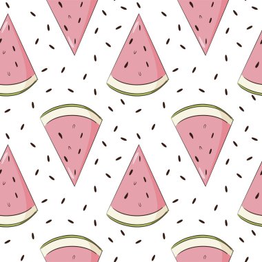 Elle çizilmiş karpuz dilimleri kusursuz desen. Yaz karpuzu arka planı. Sulu meyve dilimi arka plan, ağ, duvar kağıdı, ambalaj kağıdı ve doku için tekrarlanan süs