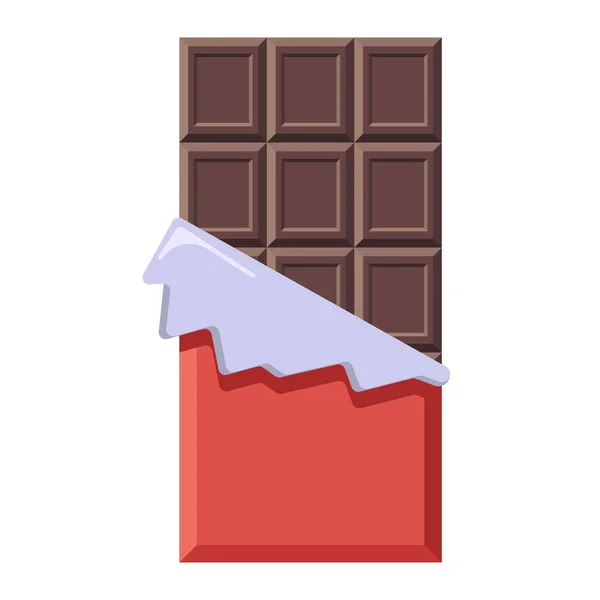 Σοκολάτα σε ανοιχτό περιτύλιγμα. Επίπεδη γλυκόπικρη cacao καραμέλα στυλ για το λογότυπο, μενού, έμβλημα, πρότυπο, web, αυτοκόλλητα, εκτυπώσεις — Διανυσματικό Αρχείο