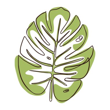 Devamlı Çizgi Canavarı Yaprağı. Çizgi sanatı tropikal element logo, amblem şablon, ağ, baskılar, spa, kozmetik, güzellik ürünleri için izole vektör çizimi