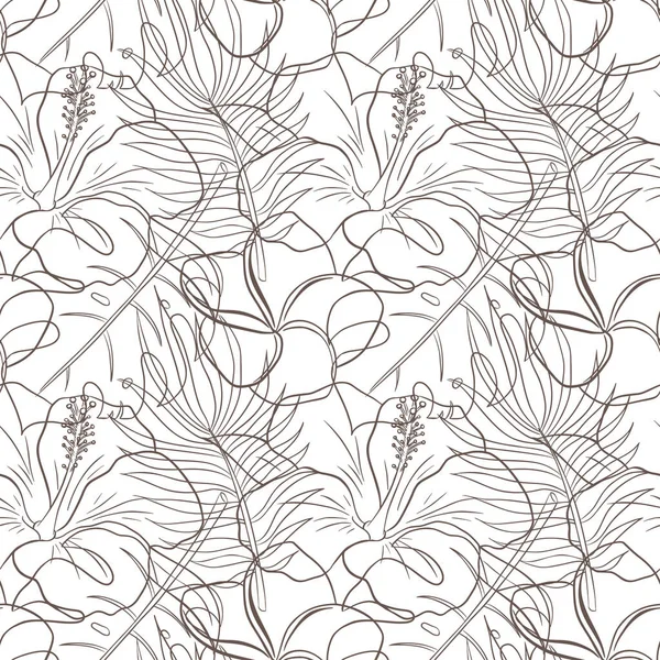 Abstract Floral Tropical Seamless Pattern Line Art Rainforest Plantas Ornamento — Vetor de Stock