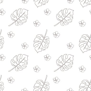 Tropik Çiçekler ve Yapraklar Kusursuz Şablon. Arka plan, ambalaj kağıdı, paket, ağ, duvar kağıdı, kaplıca ve güzellik ürünleri, kumaş, tekstil için el yapımı egzotik çiçek çizimi