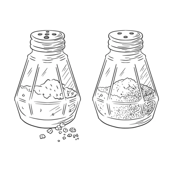 Salt Pepper Shakers Gravado Ilustração Frascos Vidro Desenhados Mão Cozinhar —  Vetores de Stock