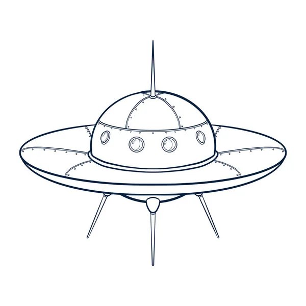 Illustration vectorielle des vaisseaux spatiaux. Ligne Art dessin animé vaisseau spatial icône. Modèle de croquis ovni pour logo, emblème, conception Web, impression, autocollant, carte — Image vectorielle