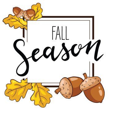 Meşe yaprakları ve meşe palamudu ile sonbahar çerçevesi. Satış afişi, davetiyeler, tebrik kartları tasarımı ve dekorasyonu için sonbahar dekoratif unsurları