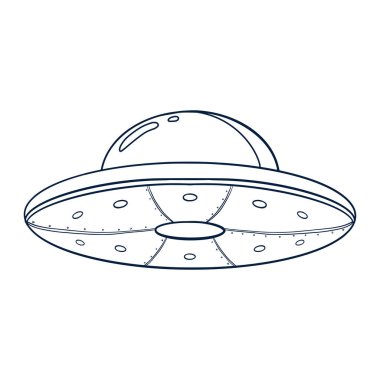 Çizgi Sanat UFO İllüstrasyonu. Uçan daire ana hatları simgesi. Logo, amblem, web tasarımı, Yazdırma, Yapıştırma, Kartvizit için uzay aracı çizimi şablonu