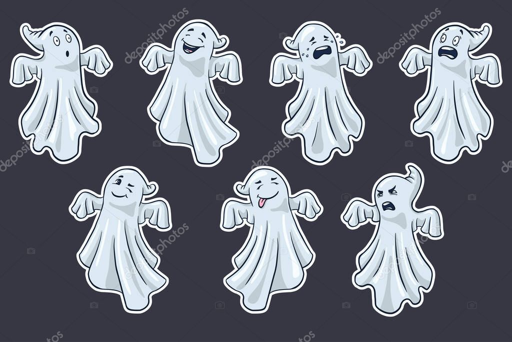 Cartoon Ghosts Stickers Set. Collection of hand drawn halloween cute spooks. Premium Vector