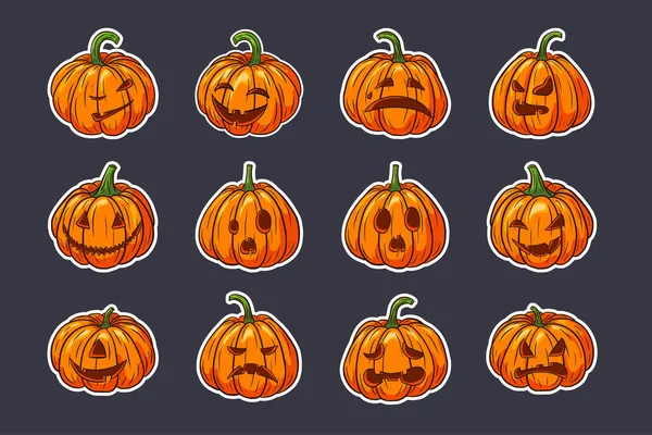 Set Adesivi Halloween Zucche Spaventose Con Facce Raccolta Illustrazioni Lanterna — Vettoriale Stock