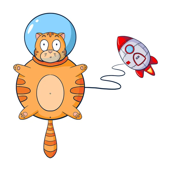 Katt Astronaut Flyger Med Raket Cartoon Illustration Hand Ritad Söt — Stock vektor