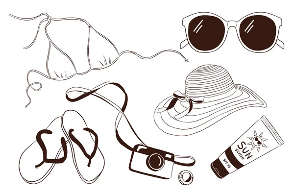 Conjunto Artículos Vacaciones Dibujados Mano Bikini Gafas Sol Chanclas Cámara — Vector de stock