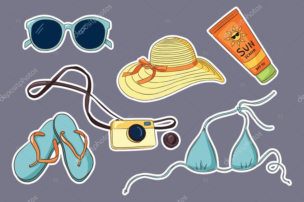 Hand Drawn Vacation Sticker Set. Sunglasses bikini, Flip Flops, photo camera, sunscreen tube, womans hat. Summer holiday collection for logo, stickers, prints, label design. Premium Vector