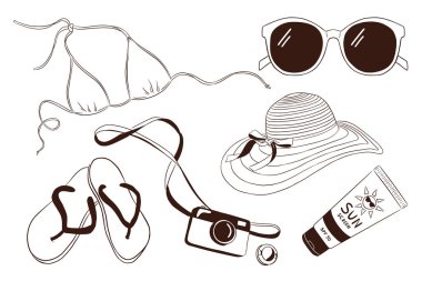 El Yazması Tatil Malzemeleri Ayarlandı. Güneş gözlüğü bikini, parmak arası terlik, fotoğraf makinesi, güneş kremi tüpü, kadın şapkası. Yaz tatilinde logo, çıkartma, etiket, etiket tasarımı koleksiyonları. Premium Vektörü