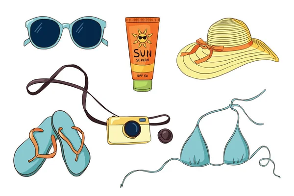 Sammlung Handgezeichneter Urlaubsgegenstände Sonnenbrille Flip Flops Fotokamera Sonnencreme Damenhut Sommerferienset — Stockvektor