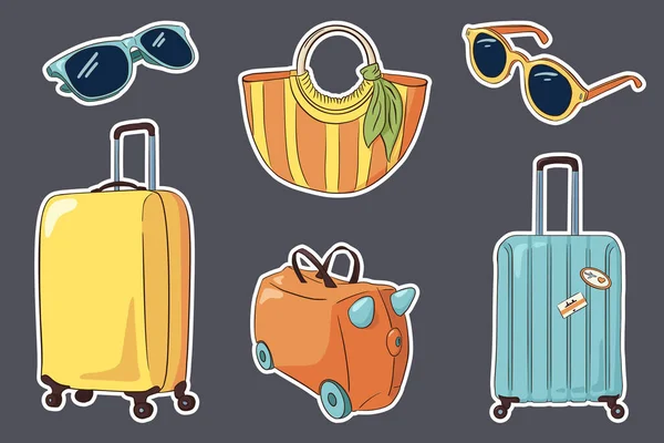 Set Adesivi Bagagli Viaggio Disegnati Mano Valigie Valigia Bambini Borsa — Vettoriale Stock