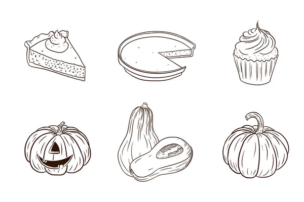 Thanksgiving Pumpkin Dishes Collection Ensemble Repas Vacances Automne Citrouilles Fraîches — Image vectorielle