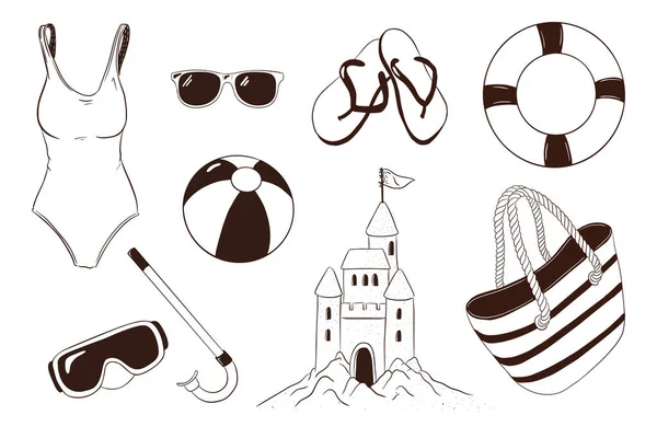 Sammlung Von Sommerfreizeitartikeln Handgezeichnete Urlaubsaktivitäten Meer Schnorchelbrille Badeanzug Schwimmring Beachball — Stockvektor