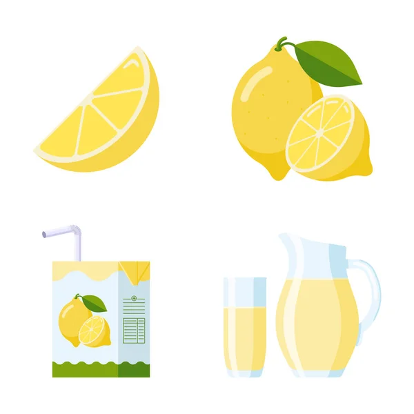 Fresh Lemon Fruit Lemonade Set Flat Style Collection Lemon Slice — Stock Vector