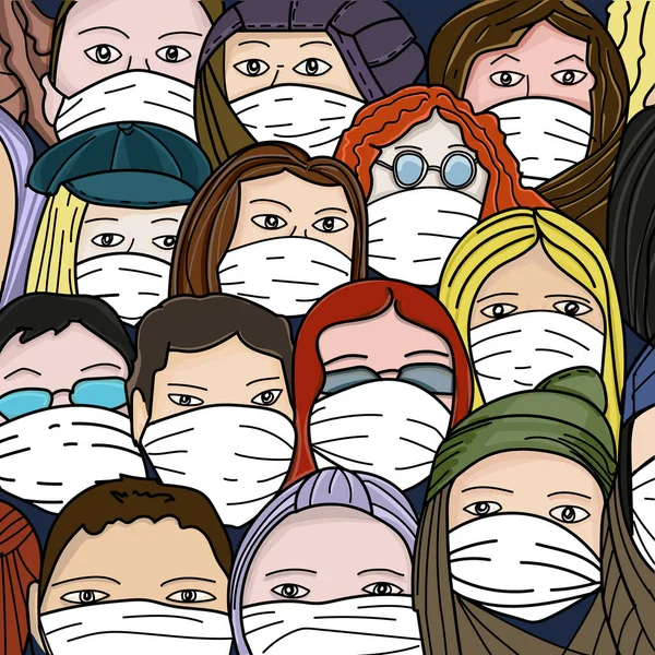 Koronovirüs yüzünden maske takan insanlar. Virüslere, alerjilere, toza karşı koruma. Yeni gerçeklik. Etrafta bir sürü insan var, kalabalık. Renkli vektör çizimi. Elle boyanmış..