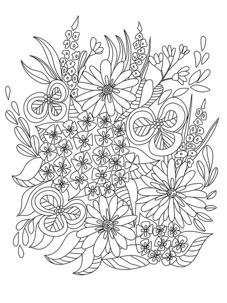 Flores Del Bosque Hojas Bayas Hermoso Ramo Libro Para Colorear — Vector de stock