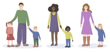 Farklı ailelerden ve milletlerden insanlar. Ebeveynler ve çocukları. Aşk ve aile değerleri kavramı. Vektör düz tasarımı