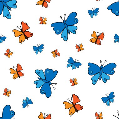 Böceklerde doğal, pürüzsüz desen. Mavi ve turuncu kelebekler uçar. Yaz ve bahar zamanı. Kağıt, kapak, kumaş, hediye paketi için.