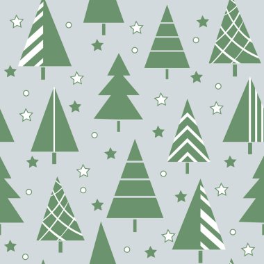 Noel ve Yeni Yıl 'ın kış teması için kusursuz bir model. Yılbaşı ağacı, süslü çelenkler ve yıldızlarla süslenmiş. Kağıt, örtü, kumaş, hediye paketi için.