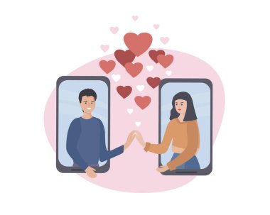 Randevu ve internet iletişimi. Sanal romantik randevu. Karantina sırasında aşk. Birbirine aşık bir çiftle sosyal ağlarda akıllı telefon uygulamaları aracılığıyla görüntülü bir sohbette tanışmak