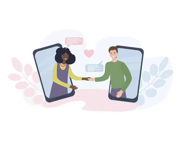 约会和在线交流 虚拟浪漫约会 隔离期间的爱通过社交网络中的智能手机应用程序 在视频聊天中遇见了恋人 美国黑人妇女和白人男子 — 图库矢量图片