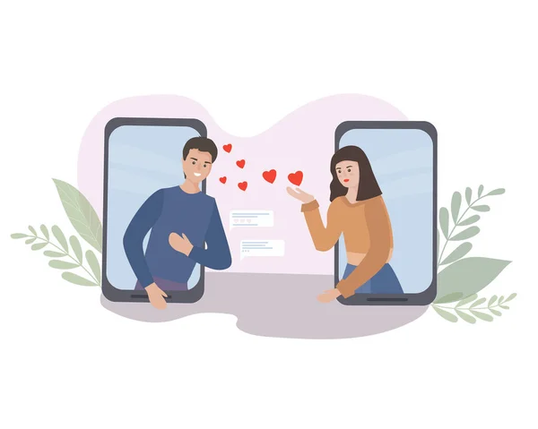 日付とオンライン通信 ロマンチックなデートだ 隔離中の愛 ソーシャルネットワークのスマートフォンアプリを介してビデオチャットで恋にカップルを満たす — ストックベクタ